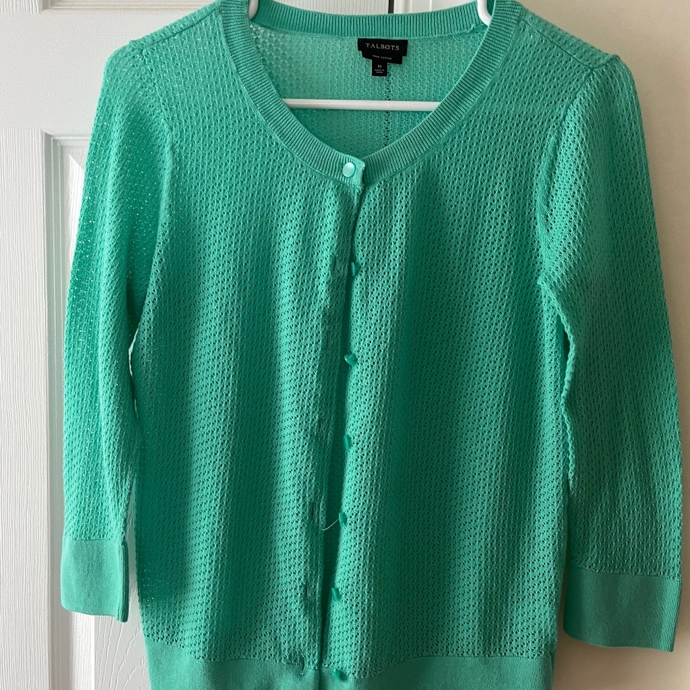 Talbots Pima Cotton Light Weight Green Cardigan, Size M